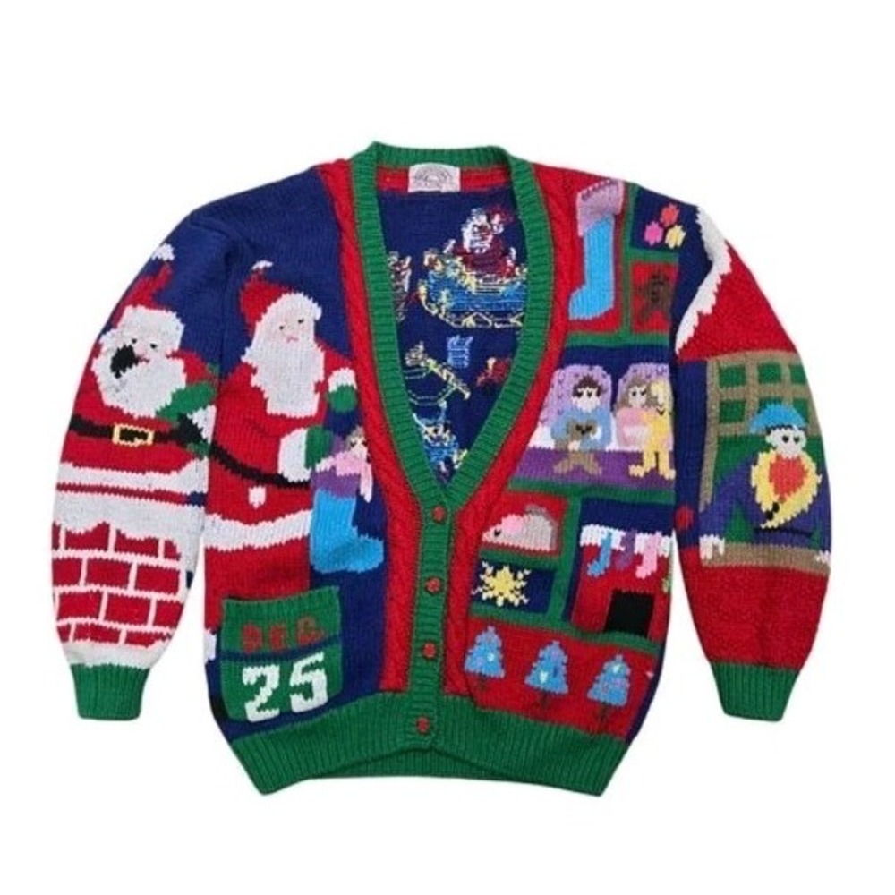 VTG Traditional Trading Hand Knit Cardigan Christmas Sweater Santa Reindeer S